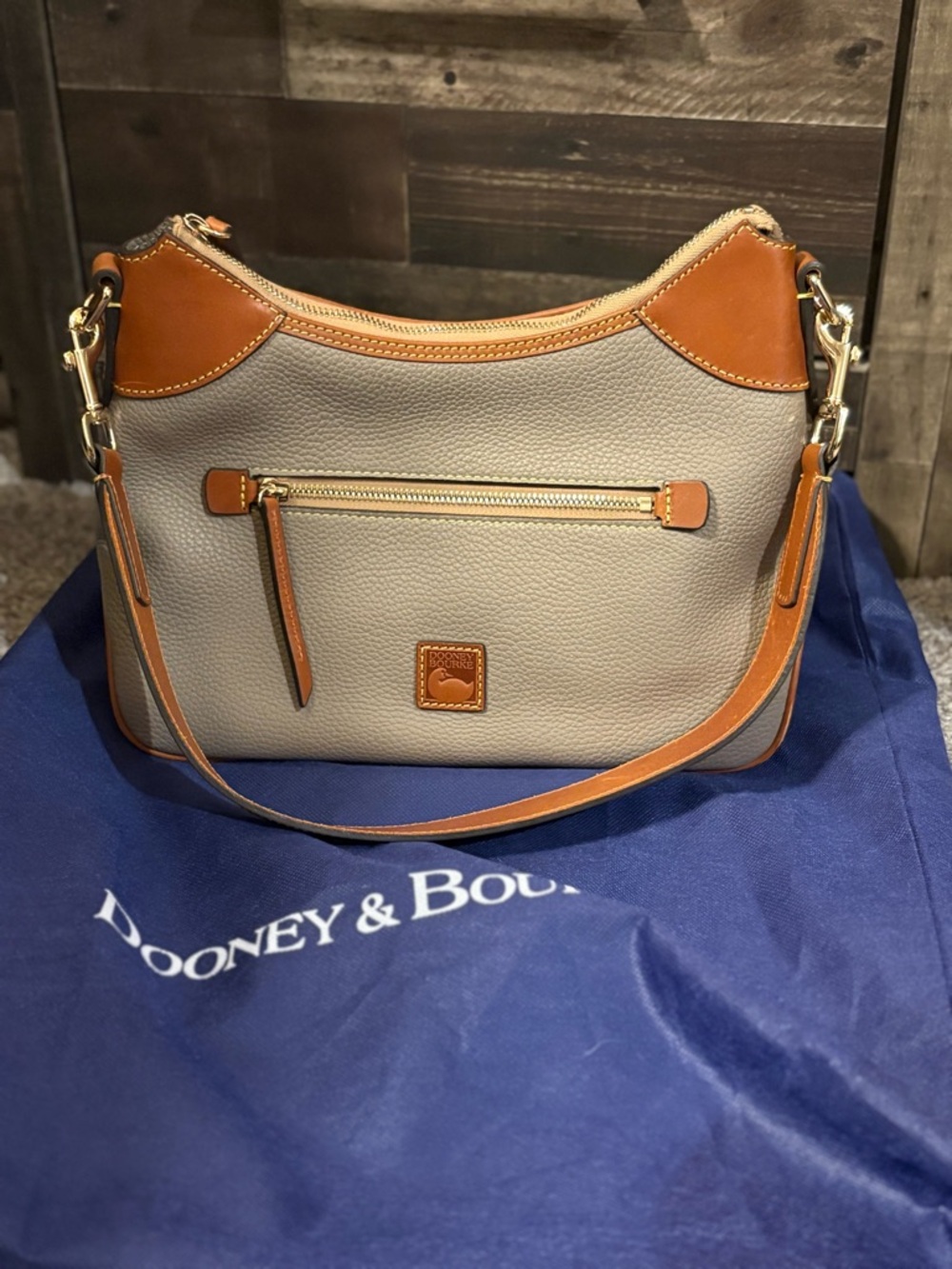 Dooney & Bourke Taupe Pebbled Leather Shoulder Bag with Tan Trim